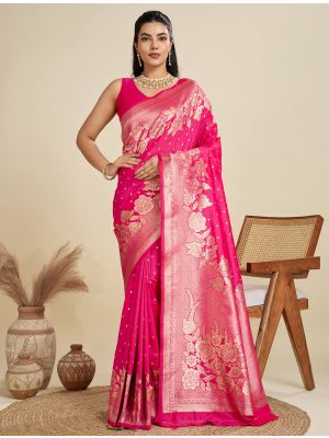 Bright Pink Kanjivaram Art Silk Zari Woven Saree