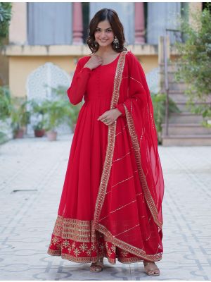 bright red georgette anarkali gown with dupatta fabgo20355