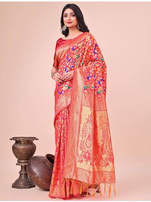 Bright Red Lichi Silk Festive Saree