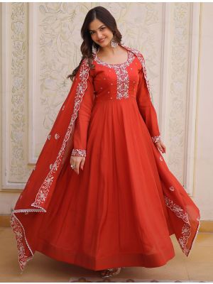bright red mul chanderi embroidered anarkali gown with dupatta fabgo20444
