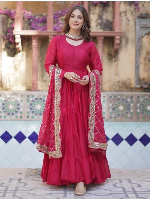 bright red star georgette flared anarkali gown with dupatta fabgo20349