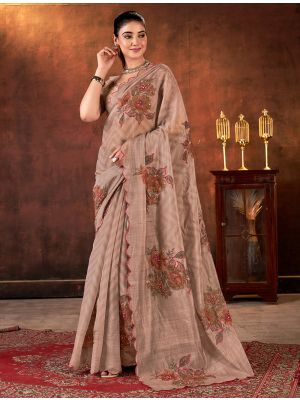 Brown Tabby Organza Saree With Khatli Work