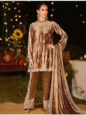 Brown Velvet Designer Salwar Kameez With Zardosi Work small FABSL22330