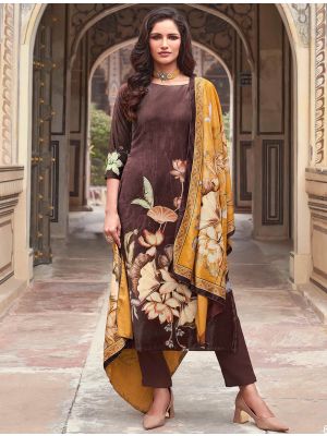 Brown Velvet Printed Salwar Kameez With Contrast Dupatta small FABSL21705