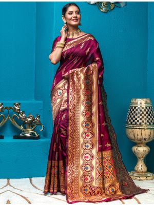 Burgundy Handloom Silk Saree With Woven Zari Work