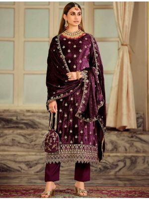 Burgundy Velvet Designer Salwar Kameez With Zardosi Work small FABSL22333