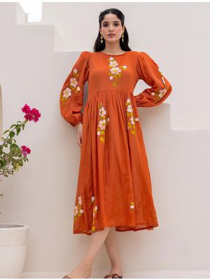 burnt orange kota checks digital printed frock swatch fabku21149