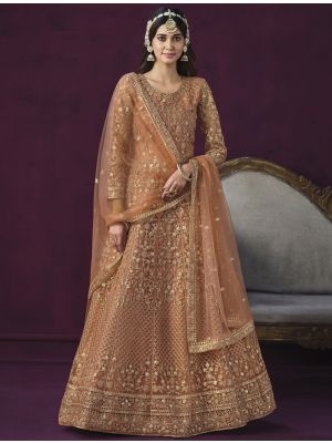 Caramel Brown Net Semi Stitched Sequined Anarkali Suit small FABSL21678