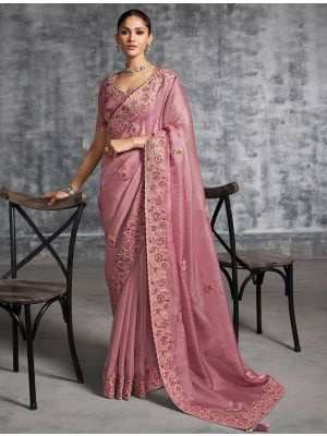 Charm Pink Tissue Silk Embroidered Designer Saree