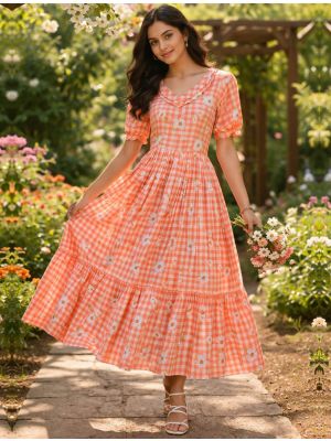 coral orange muslin fit and flare midi dress fabku21235