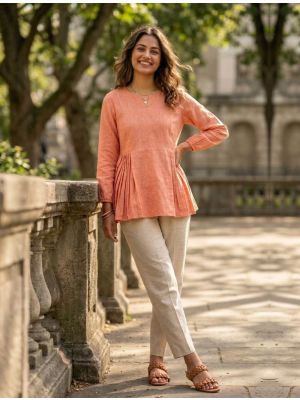 coral peach linen cotton top with straight cut trousers fabku21256