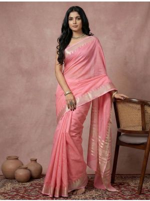 Coral Pink Cotton Solid Saree With Golden Border