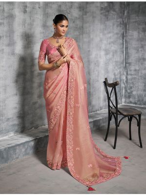 Coral Pink Tissue Silk Embroidered Designer Saree