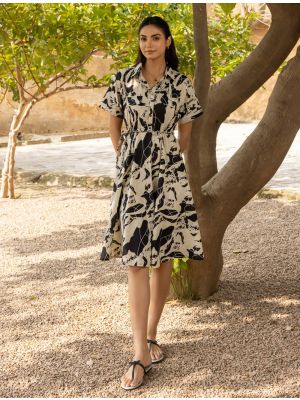 cream and black cotton printed trendy chic frock fabku21189