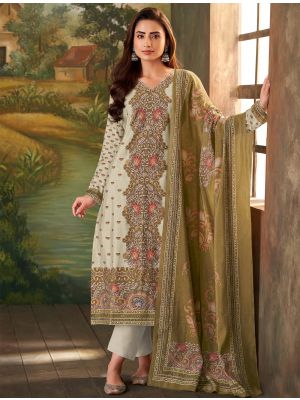 Cream And Olive Muslin Pakistani Salwar Kameez small FABSL22145