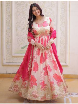 cream and pink russian silk embroidered anarkali gown with dupatta fabgo20443