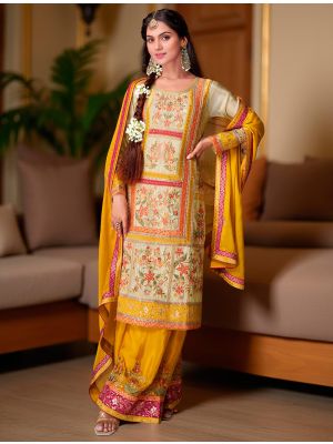 Cream And Yellow Chinon Silk Ready To Wear Palazzo Suit FABSL22259