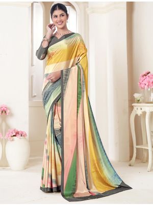 Cream And Yellow Crepe Silk Saree With Digital Print