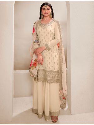 Cream Chinon Semi Stitched Sequined Palazzo Suit small FABSL21877