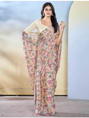 Cream Georgette Ready To Wear Saree With Unstitched Blouse