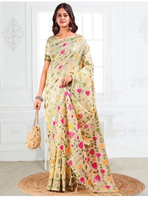 Cream Linen Cotton Jacquard Woven Saree