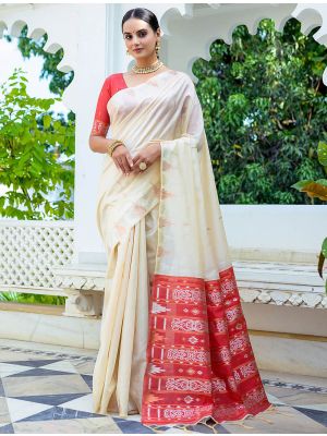 Cream Tussar Silk Saree With Silver And Copper Zari Weaves