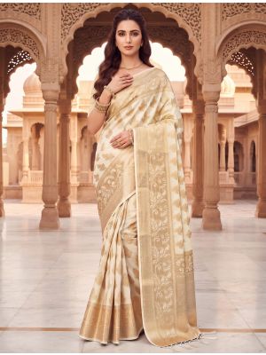 Cream Viscose Silk Saree With Woven Zari Work