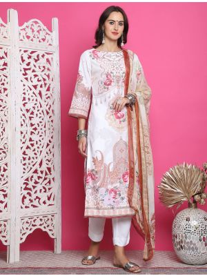 Creamy White Satin Salwar Kameez With Traditional Digital small FABSL21908