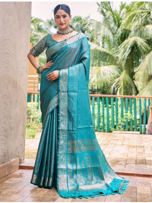 Cyan Kanjivaram Art Silk Saree With Zari Work FABSA22293