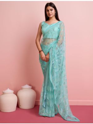 Cyan Soft Net Party Wear Saree With Sequins