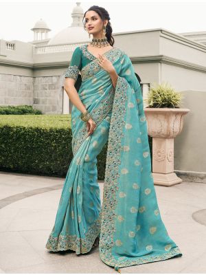 Cyan Viscose Tissue Premium Designer Saree