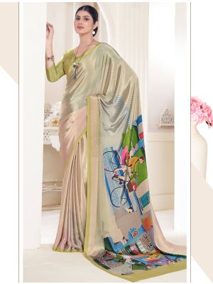 Dark Beige Crepe Silk Saree With Digital Print