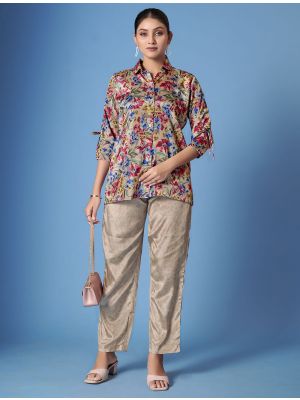 dark beige crepe silk stylish co ord with scarf fabku21089