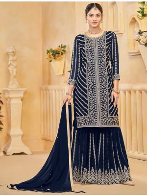 Dark Blue Georgette Embroidered Ready To Wear Sharara Suit FABSL22137