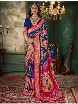 Dark Blue Tussar Silk Elegant Saree With Ikat Print