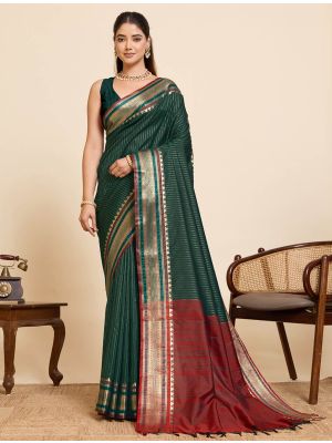 Dark Green Art Silk Saree With Golden Zari Work
