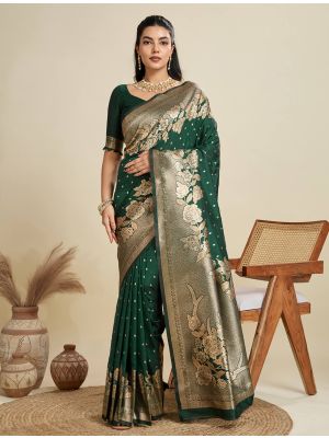 Dark Green Kanjivaram Art Silk Zari Woven Saree