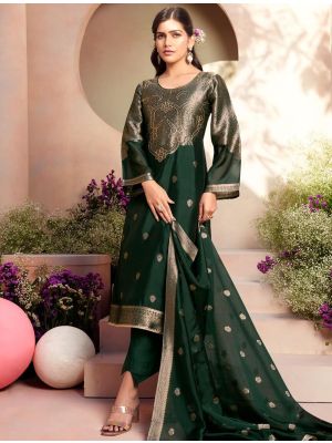 Dark Green Silk Jacquard Elegant Salwar Kameez small FABSL22170