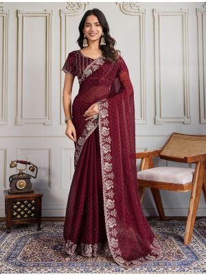 Dark Maroon Burberry Silk Embroidered Saree With Swarovski