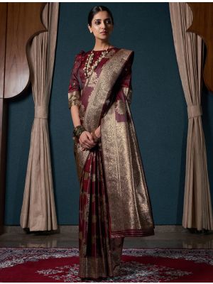 Dark Maroon Satin Silk Premium Saree With Zari Work