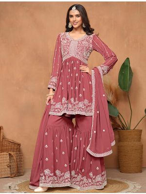 Dark Peach Georgette Semi Stitched Embroidered Sharara Suit small FABSL21882