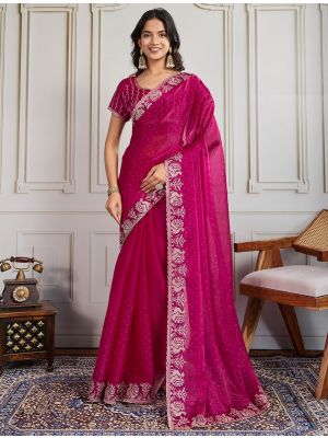 Dark Pink Burberry Silk Embroidered Saree With Swarovski