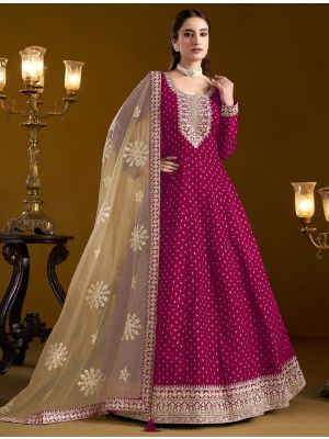 Dark Pink Chanderi Embroidered Anarkali Suit small FABSL21946