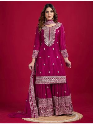 Dark Pink Chinon Sequined Ready To Wear Sharara Suit swatch FABSL22180