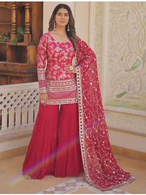 Dark Pink Georgette Readymade Sharara Suit With Zari Work FABSL21788
