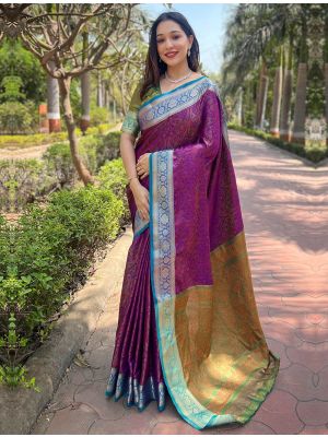 Dark Purple Art Silk Saree With Kashmiri Style Weaving