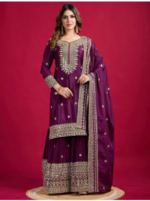 Dark Purple Chinon Sequined Ready To Wear Sharara Suit swatch FABSL22181