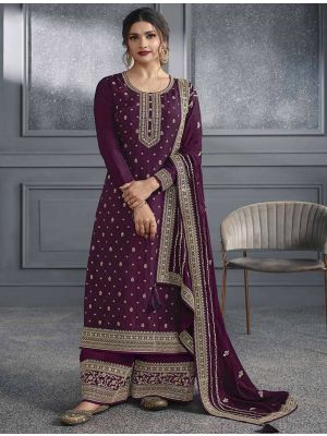 Dark Purple Dola Silk Semi Stitched Salwar Kameez small FABSL21896