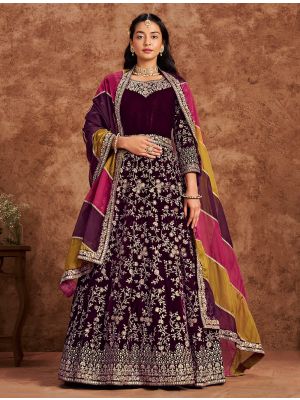 Dark Purple Velvet Embroidered Semi Stitched Anarkali Suit FABSL22054