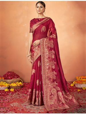 Dark Red Kanjivaram Silk Festive Wear Woven Saree